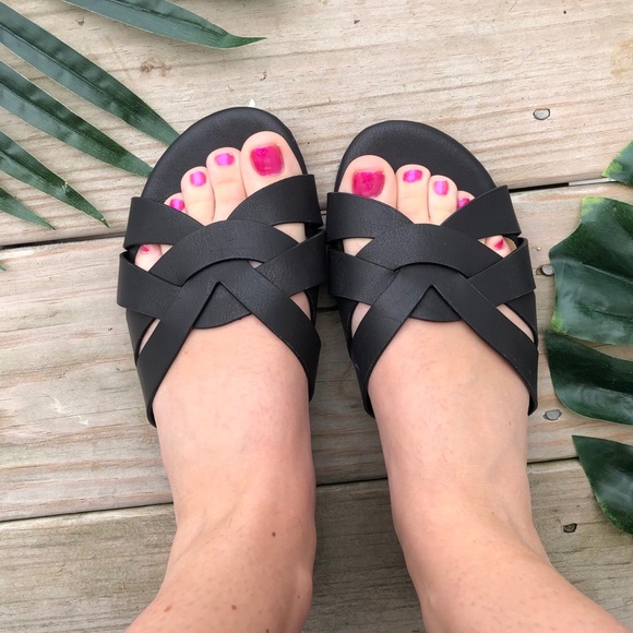 Black Flat Slide Sandals - Picture 3 of 4